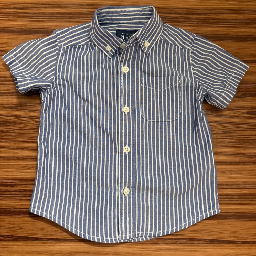 Short Sleeve Button Down Blue White Striped The Children's Place Shirt 18-24M